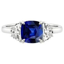 Gold Natural Earth Mined Diamond Half Moon & Cushion Ceylon Sapphire 3 Stone Ring 3 Carats