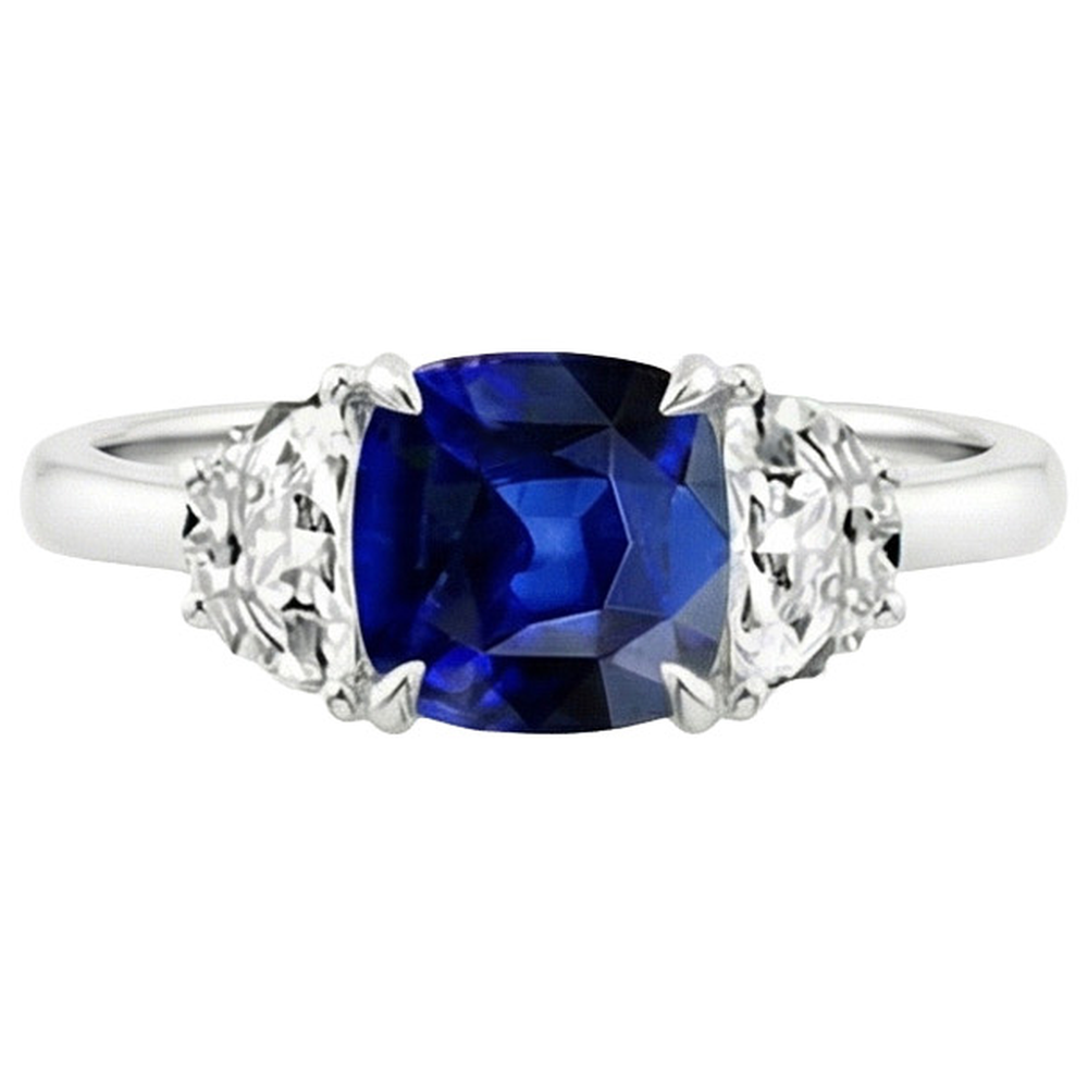 Gold Natural Earth Mined Diamond Half Moon & Cushion Ceylon Sapphire 3 Stone Ring 3 Carats