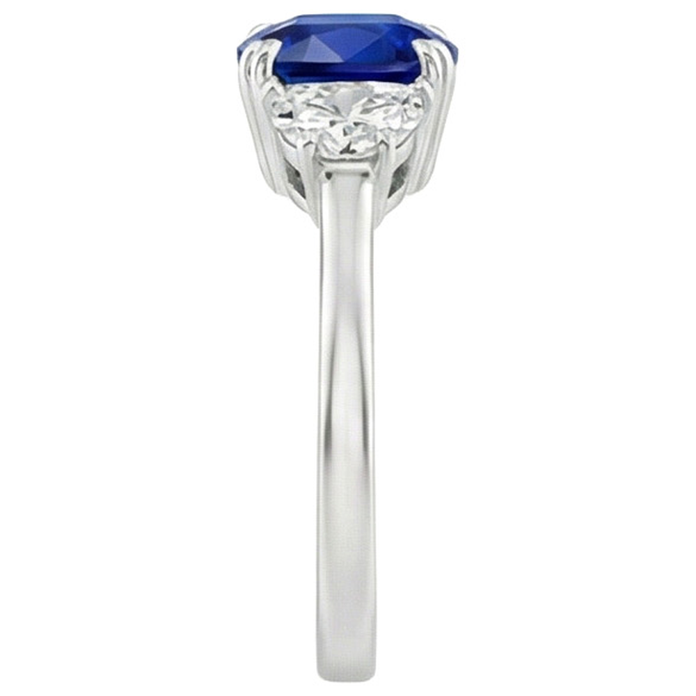 Gold Natural Earth Mined Diamond Half Moon & Cushion Ceylon Sapphire 3 Stone Ring 3 Carats