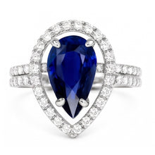 Gold Natural Earth Mined Diamond Halo Wedding Ring Set Pear Blue Sapphire Center 4 Carats