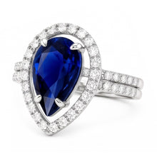 Gold Natural Earth Mined Diamond Halo Wedding Ring Set Pear Blue Sapphire Center 4 Carats