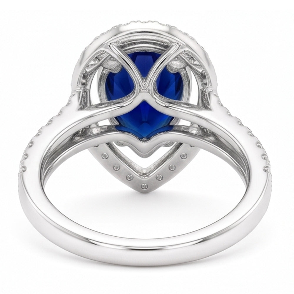 Gold Natural Earth Mined Diamond Halo Wedding Ring Set Pear Blue Sapphire Center 4 Carats