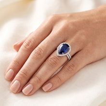 Gold Natural Earth Mined Diamond Halo Wedding Ring Set Pear Blue Sapphire Center 4 Carats