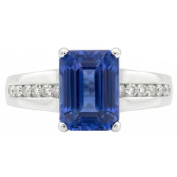 Gold Natural Earth Mined Diamond Jewellery Emerald Cut Blue Sapphire Ring 3 Carats Prong Set