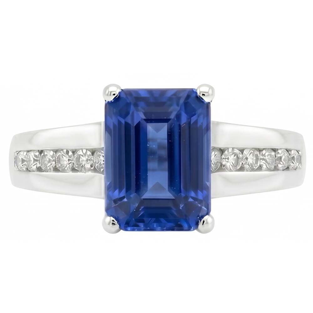 Gold Natural Earth Mined Diamond Jewellery Emerald Cut Blue Sapphire Ring 3 Carats Prong Set