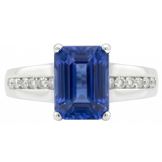 Gold Natural Earth Mined Diamond Jewellery Emerald Cut Blue Sapphire Ring 3 Carats Prong Set