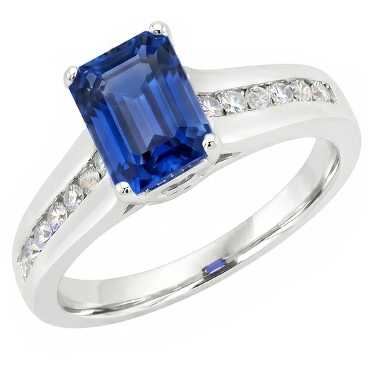 Gold Natural Earth Mined Diamond Jewellery Emerald Cut Blue Sapphire Ring 3 Carats Prong Set