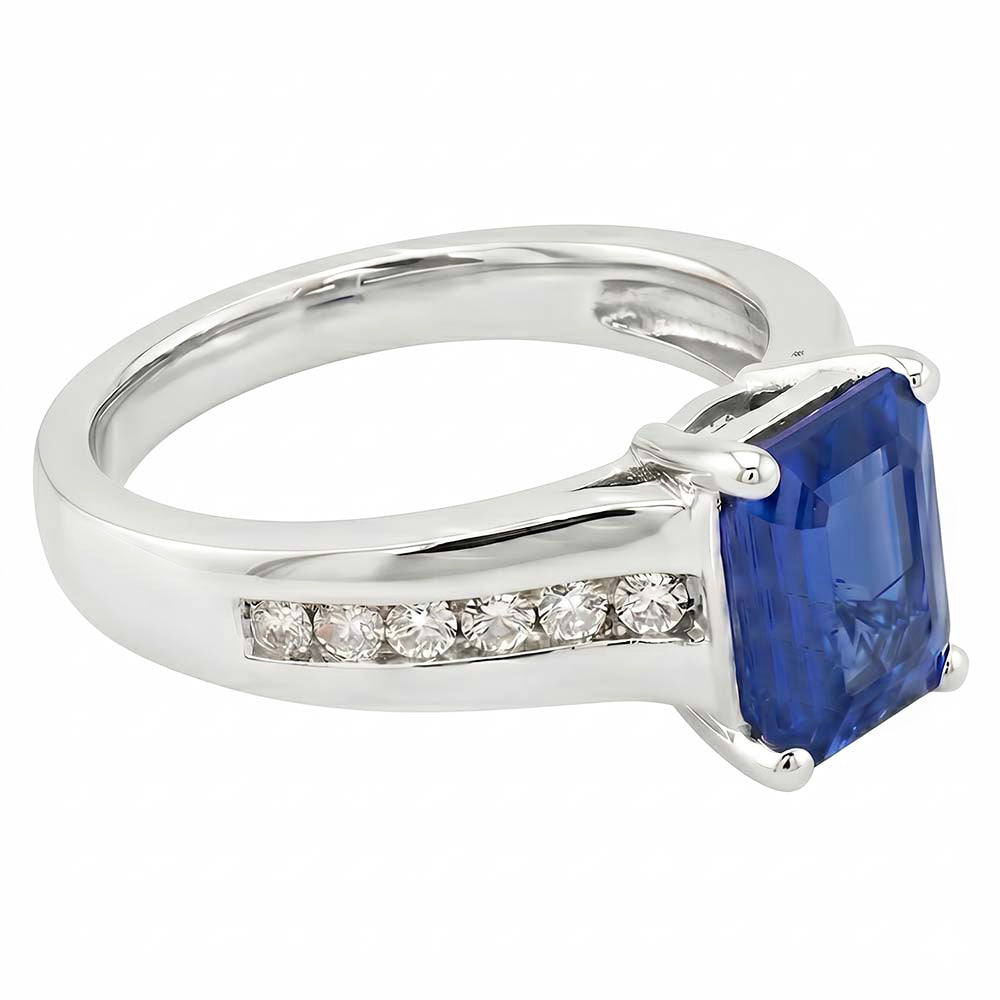 Gold Natural Earth Mined Diamond Jewellery Emerald Cut Blue Sapphire Ring 3 Carats Prong Set