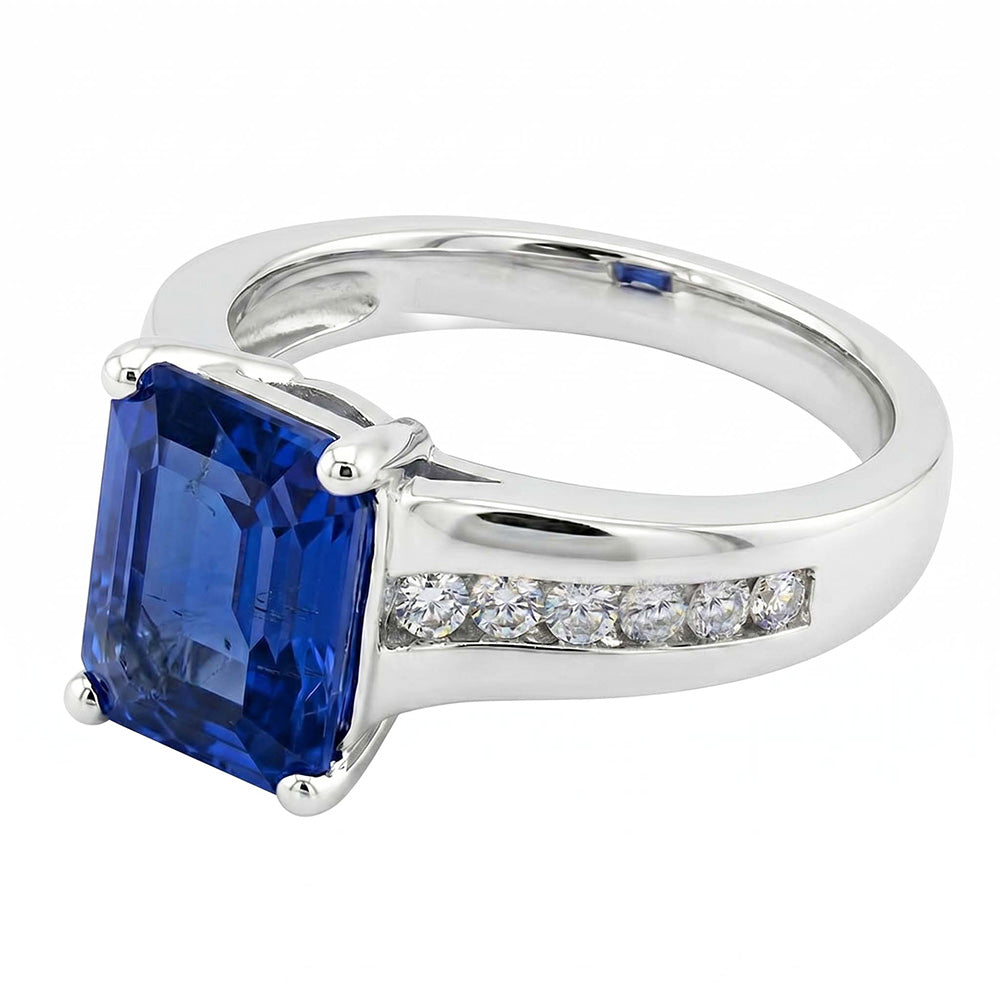 Gold Natural Earth Mined Diamond Jewellery Emerald Cut Blue Sapphire Ring 3 Carats Prong Set