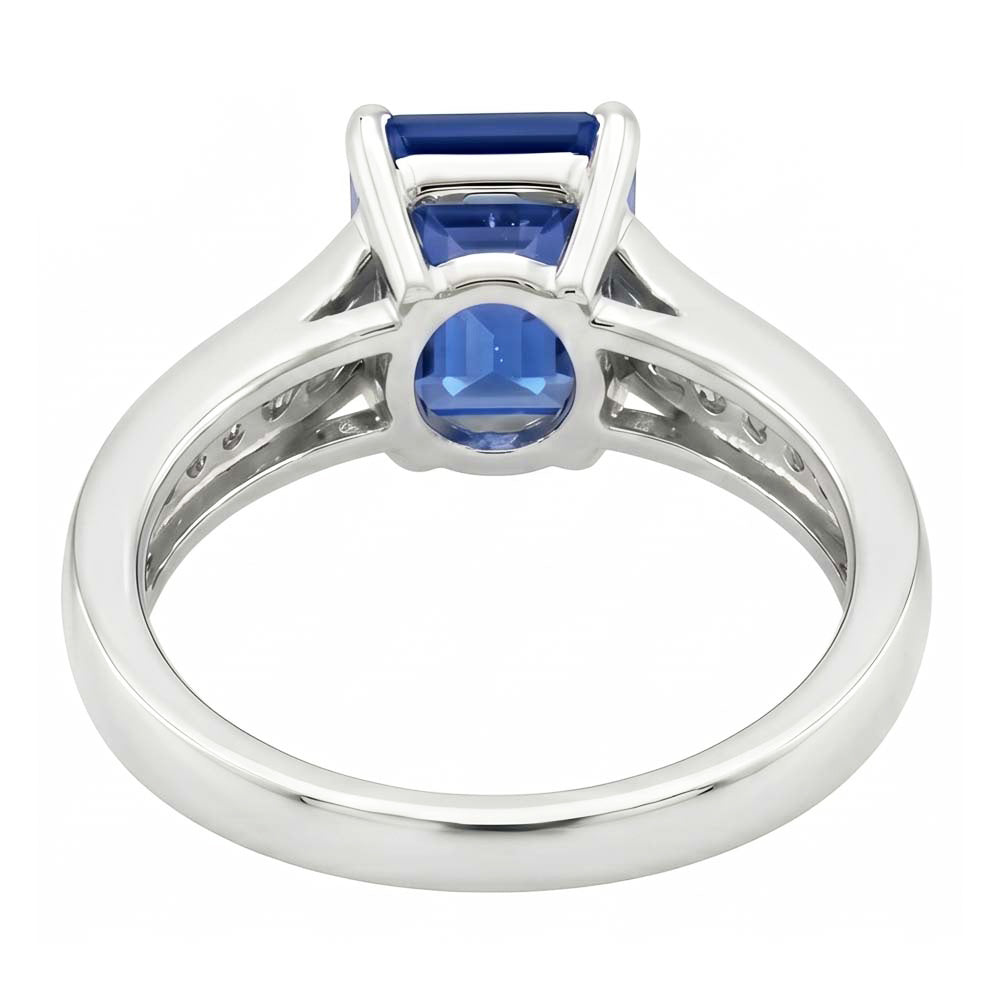 Gold Natural Earth Mined Diamond Jewellery Emerald Cut Blue Sapphire Ring 3 Carats Prong Set