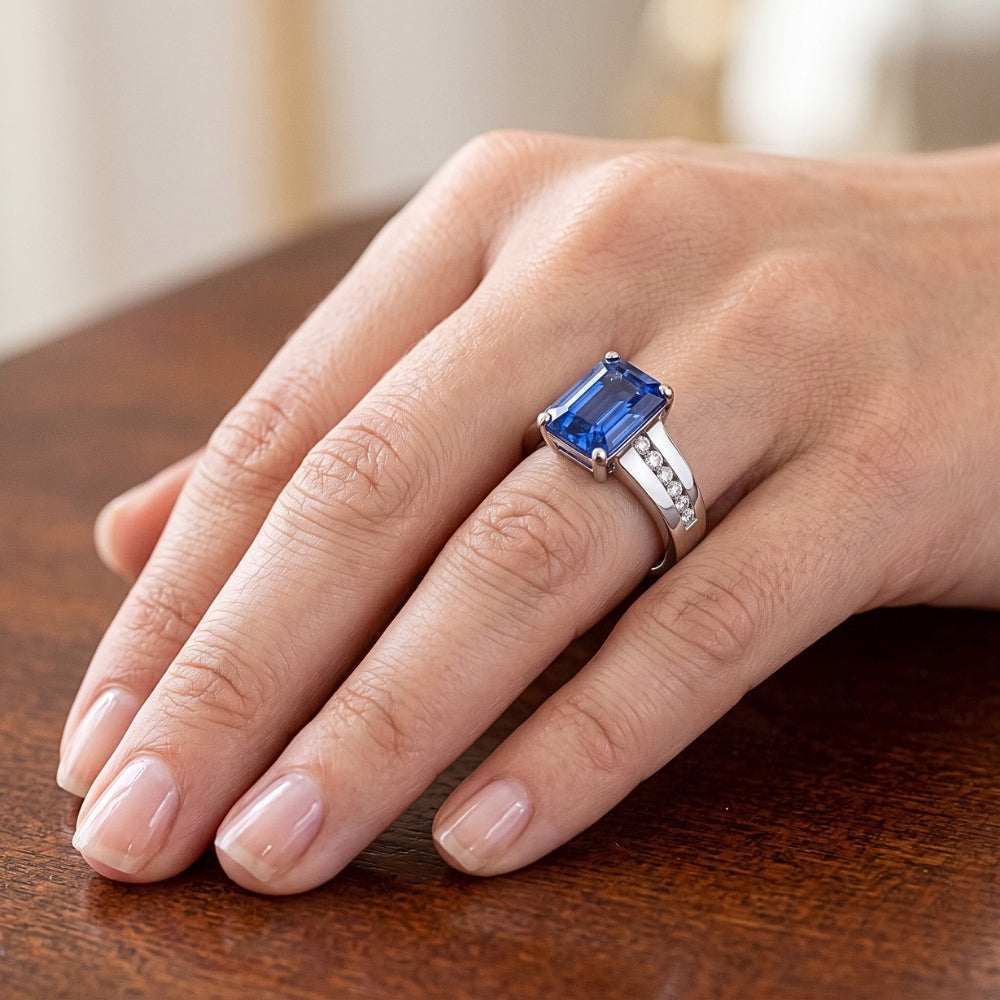 Gold Natural Earth Mined Diamond Jewellery Emerald Cut Blue Sapphire Ring 3 Carats Prong Set