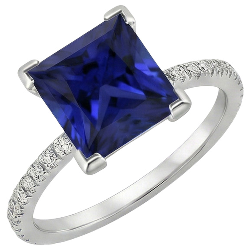 Gold Natural Earth Mined Diamond Ring Princess Cut Blue Sapphire With Accents 5.50 Carats