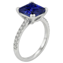 Gold Natural Earth Mined Diamond Ring Princess Cut Blue Sapphire With Accents 5.50 Carats