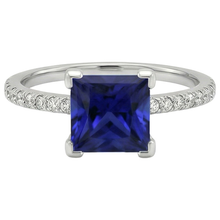 Gold Natural Earth Mined Diamond Ring Princess Cut Blue Sapphire With Accents 5.50 Carats