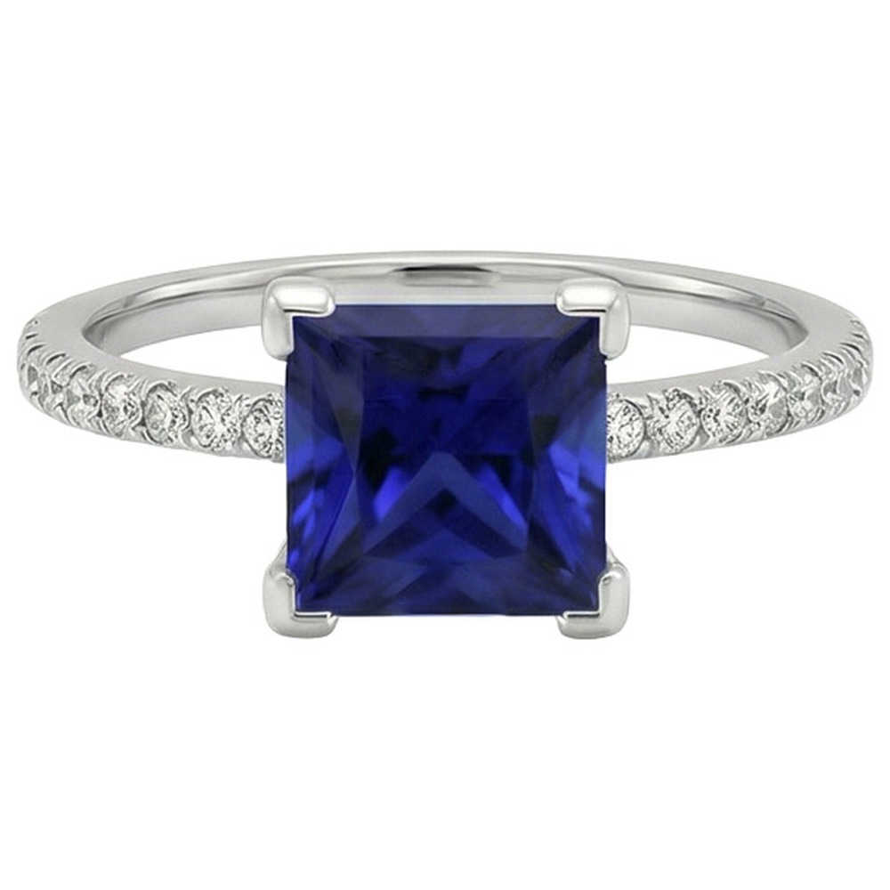 Gold Natural Earth Mined Diamond Ring Princess Cut Blue Sapphire With Accents 5.50 Carats