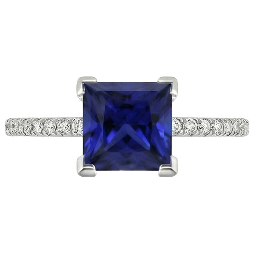 Gold Natural Earth Mined Diamond Ring Princess Cut Blue Sapphire With Accents 5.50 Carats