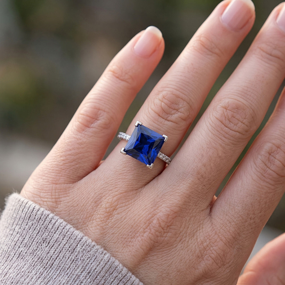 Gold Natural Earth Mined Diamond Ring Princess Cut Blue Sapphire With Accents 5.50 Carats