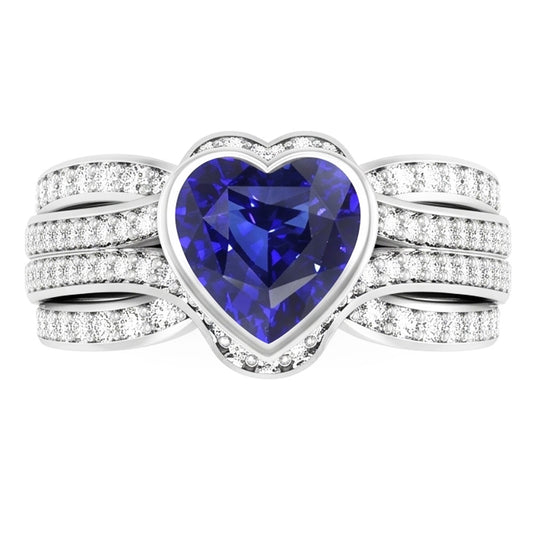 Gold Natural Earth Mined Diamond Sapphire Ring With Jacket 4.50 Carats Bezel & Pave Set