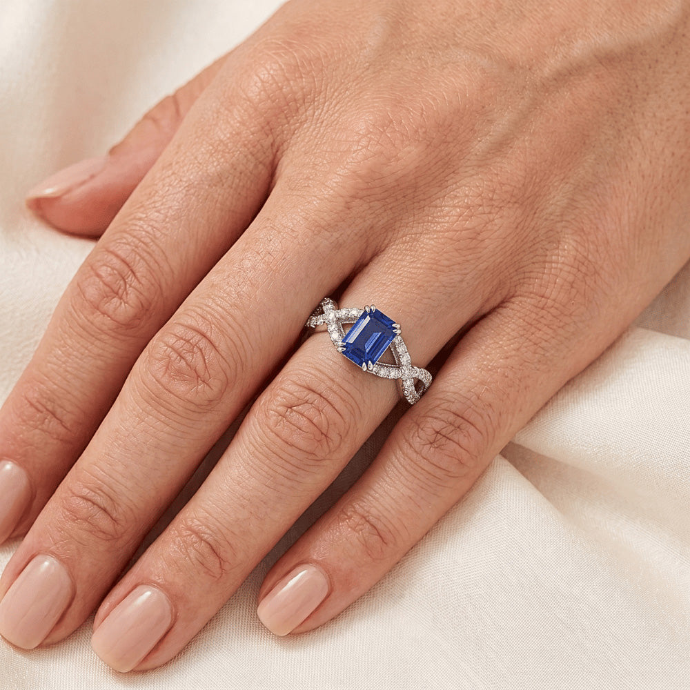 Gold Natural Earth Mined Diamond Wedding Ring Emerald Cut Blue Sapphire Gemstone 3 Carats