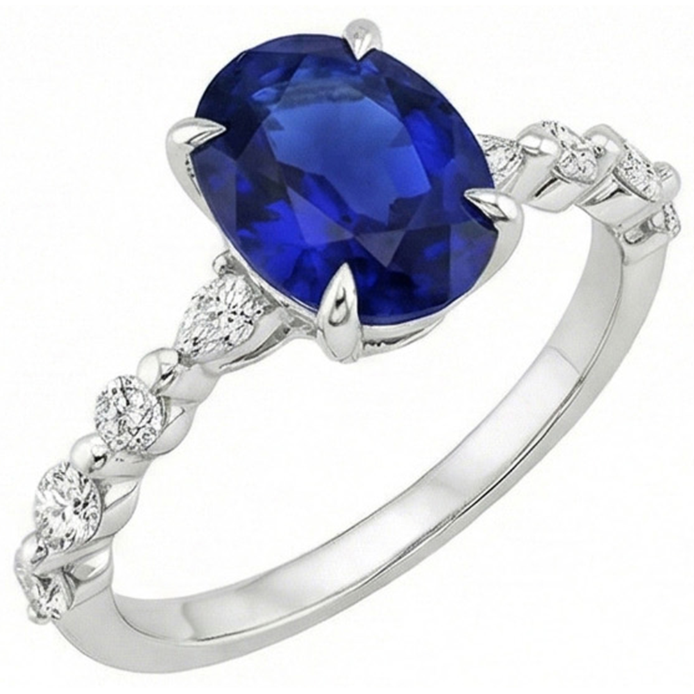 Gold Oval Blue Sapphire Natural Earth Mined Diamond Ring Marquise & Round Cut 6 Carats New