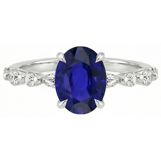 Gold Oval Blue Sapphire Natural Earth Mined Diamond Ring Marquise & Round Cut 6 Carats New