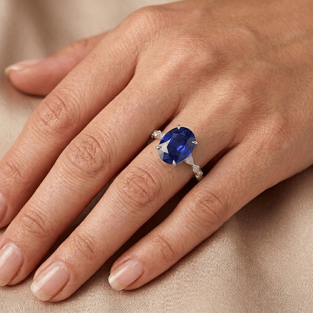 Gold Oval Blue Sapphire Natural Earth Mined Diamond Ring Marquise & Round Cut 6 Carats New