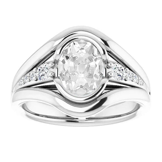 Gold Oval Old Cut Natural Diamond Ring With Accents Half Bezel Set 5.50 Carats