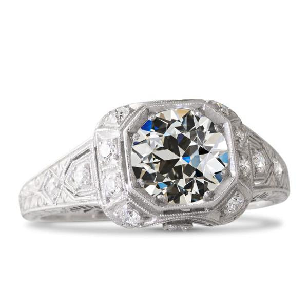 Gold Round Old Cut Genuine Diamond Engagement Ring 2.50 Carats Milgrain Shank