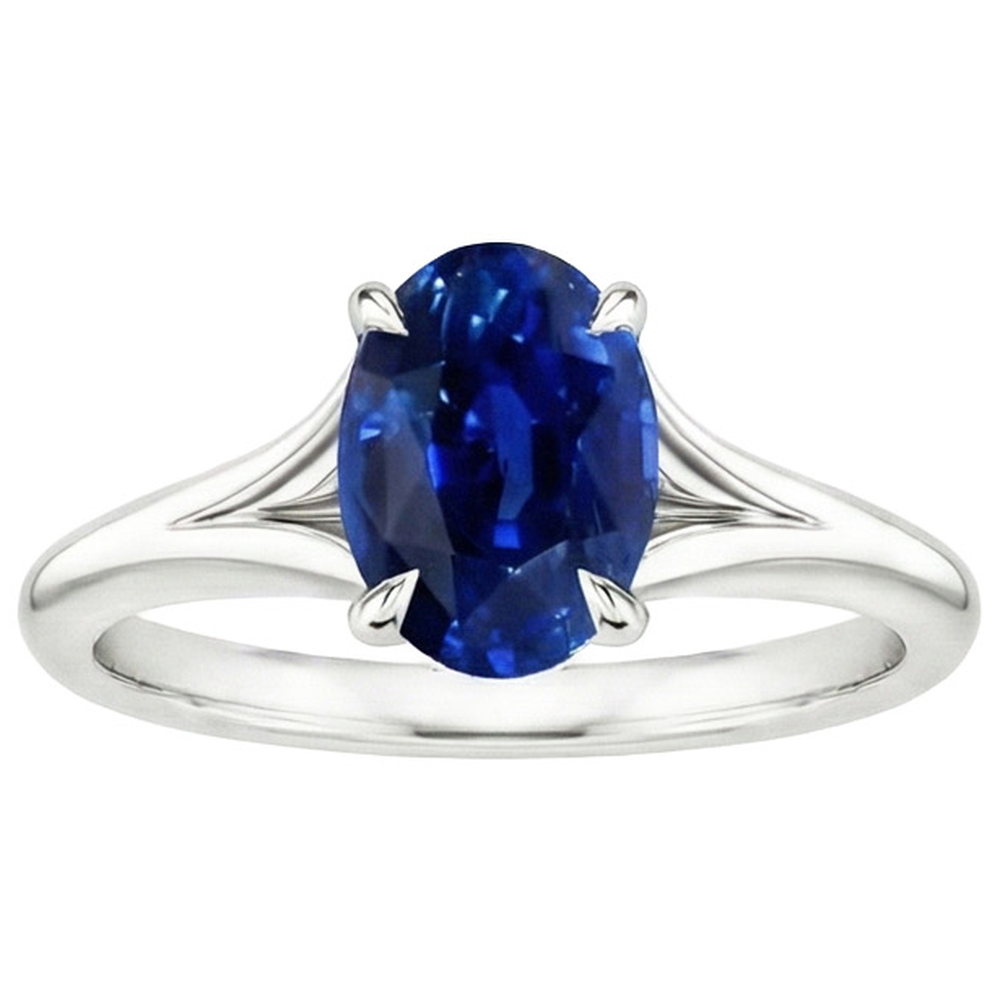 Gold Solitaire Blue Sapphire Ring Prong Set Oval Split Shank 3 Carats