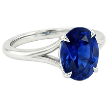 Gold Solitaire Blue Sapphire Ring Prong Set Oval Split Shank 3 Carats