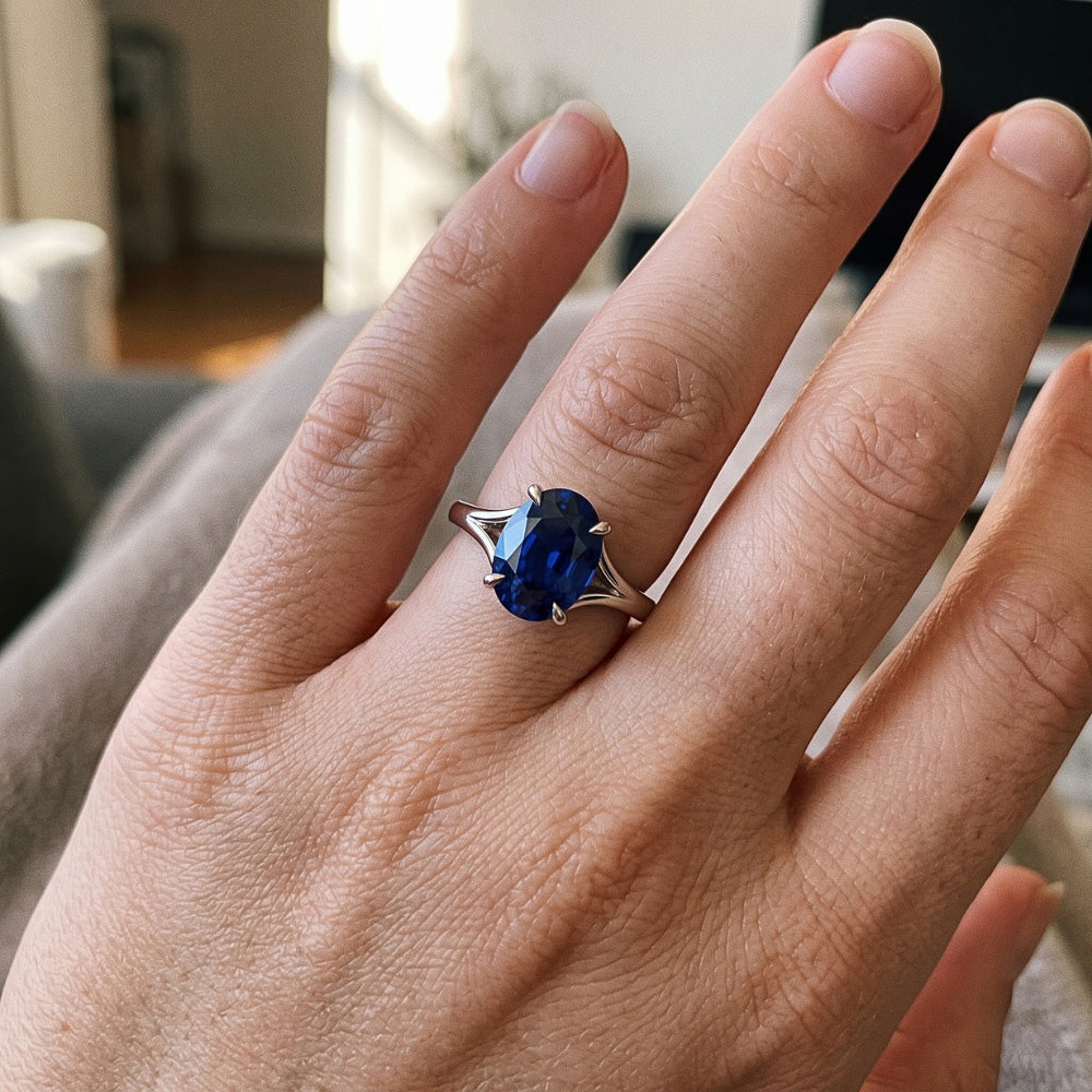 Gold Solitaire Blue Sapphire Ring Prong Set Oval Split Shank 3 Carats