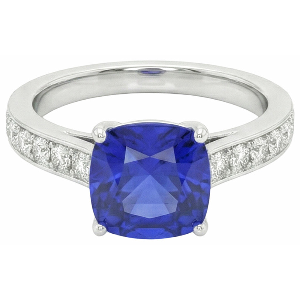 Gold Solitaire Blue Sapphire Ring With Round Natural Earth Mined Diamond Accents 6 Carats