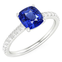 Gold Solitaire Cushion Cut Sapphire Ring & Pave Set Natural Earth Mined Diamonds 3 Carats
