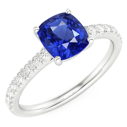Gold Solitaire Cushion Cut Sapphire Ring & Pave Set Natural Earth Mined Diamonds 3 Carats