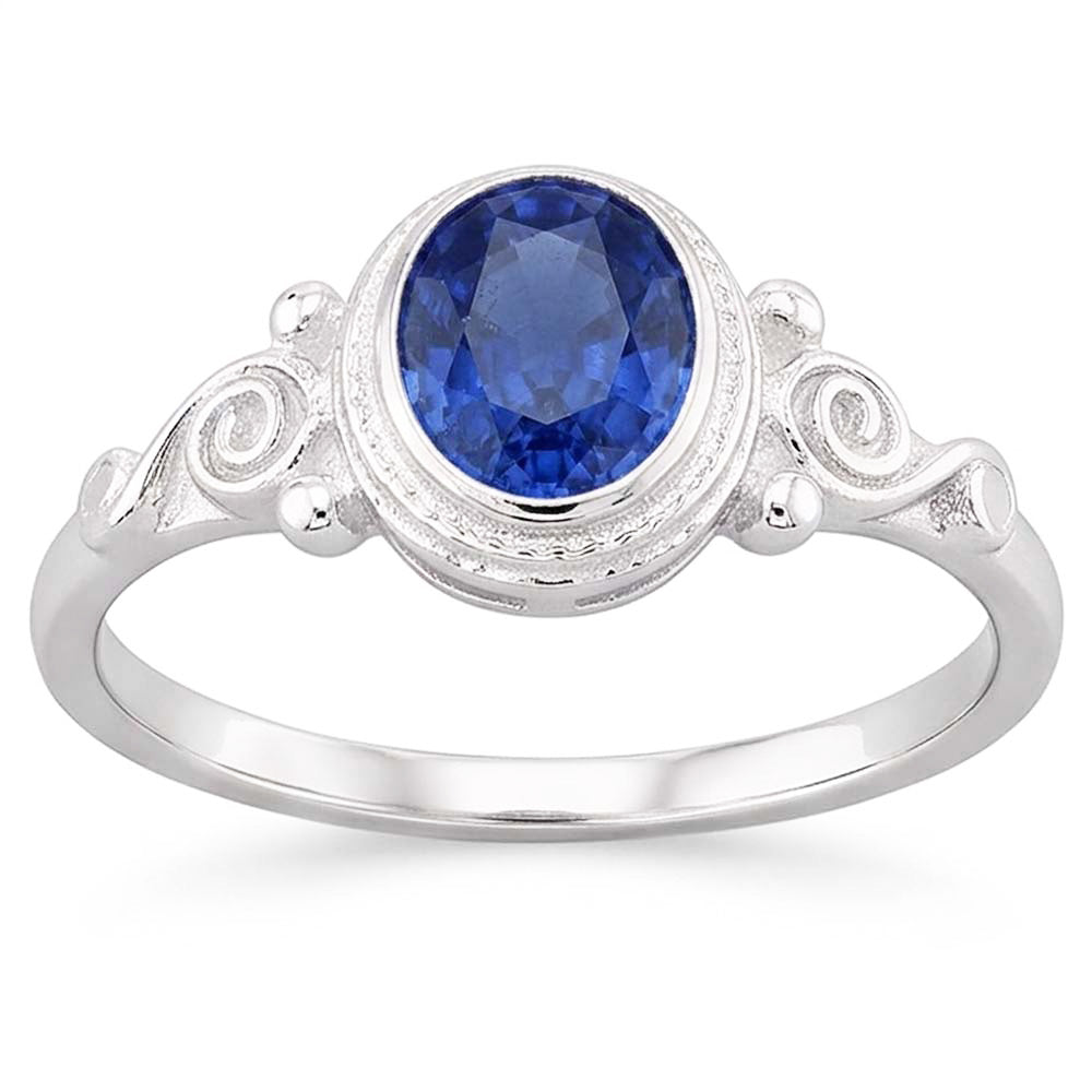 Gold Solitaire Oval Blue Sapphire Ring Antique Style 2 Carats