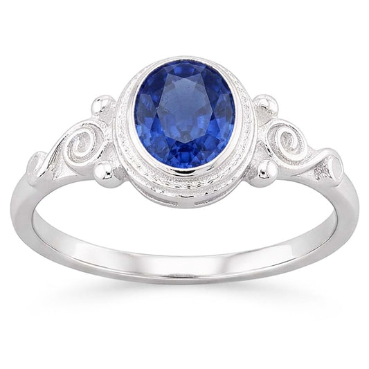 Gold Solitaire Oval Blue Sapphire Ring Antique Style 2 Carats