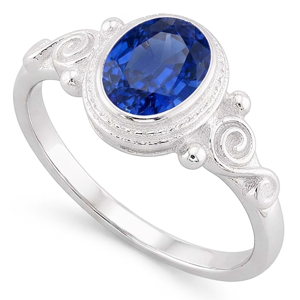 Gold Solitaire Oval Blue Sapphire Ring Antique Style 2 Carats