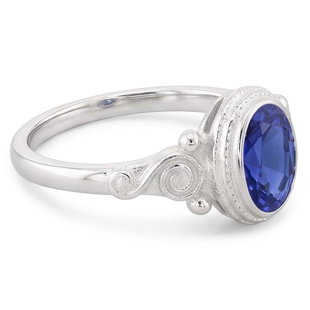 Gold Solitaire Oval Blue Sapphire Ring Antique Style 2 Carats