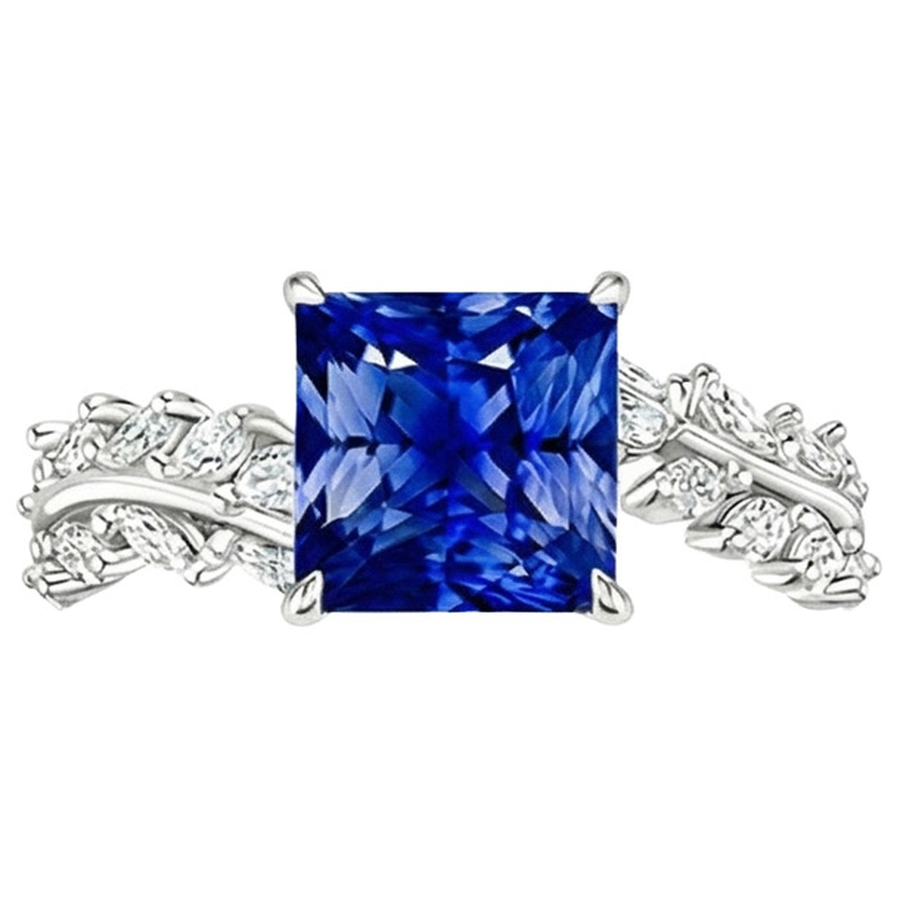 Gold Solitaire Princess Blue Sapphire With Marquise Accents 4 Carats