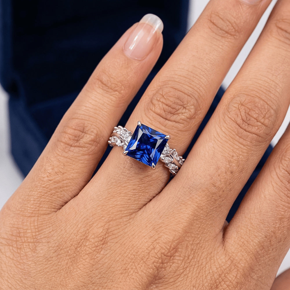 Gold Solitaire Princess Blue Sapphire With Marquise Accents 4 Carats