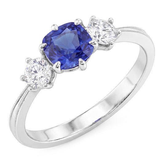 Gold Three Stone Cushion Cut Sapphire Ring 2 Carats Ladies Jewellery