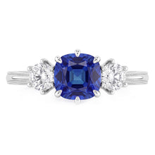 Gold Three Stone Cushion Cut Sapphire Ring 2 Carats Ladies Jewellery