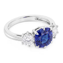 Gold Three Stone Cushion Cut Sapphire Ring 2 Carats Ladies Jewellery