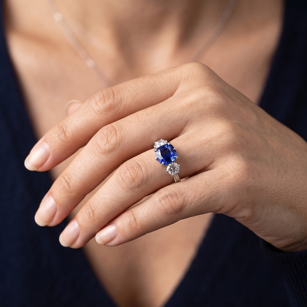 Gold Three Stone Cushion Cut Sapphire Ring 2 Carats Ladies Jewellery