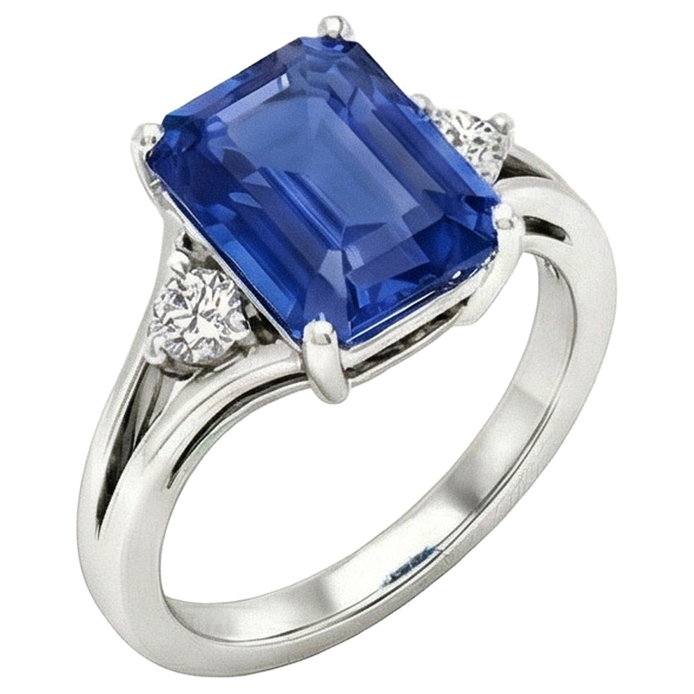Gold Three Stone Emerald Blue Sapphire Ring 2.50 Carats Split Shank