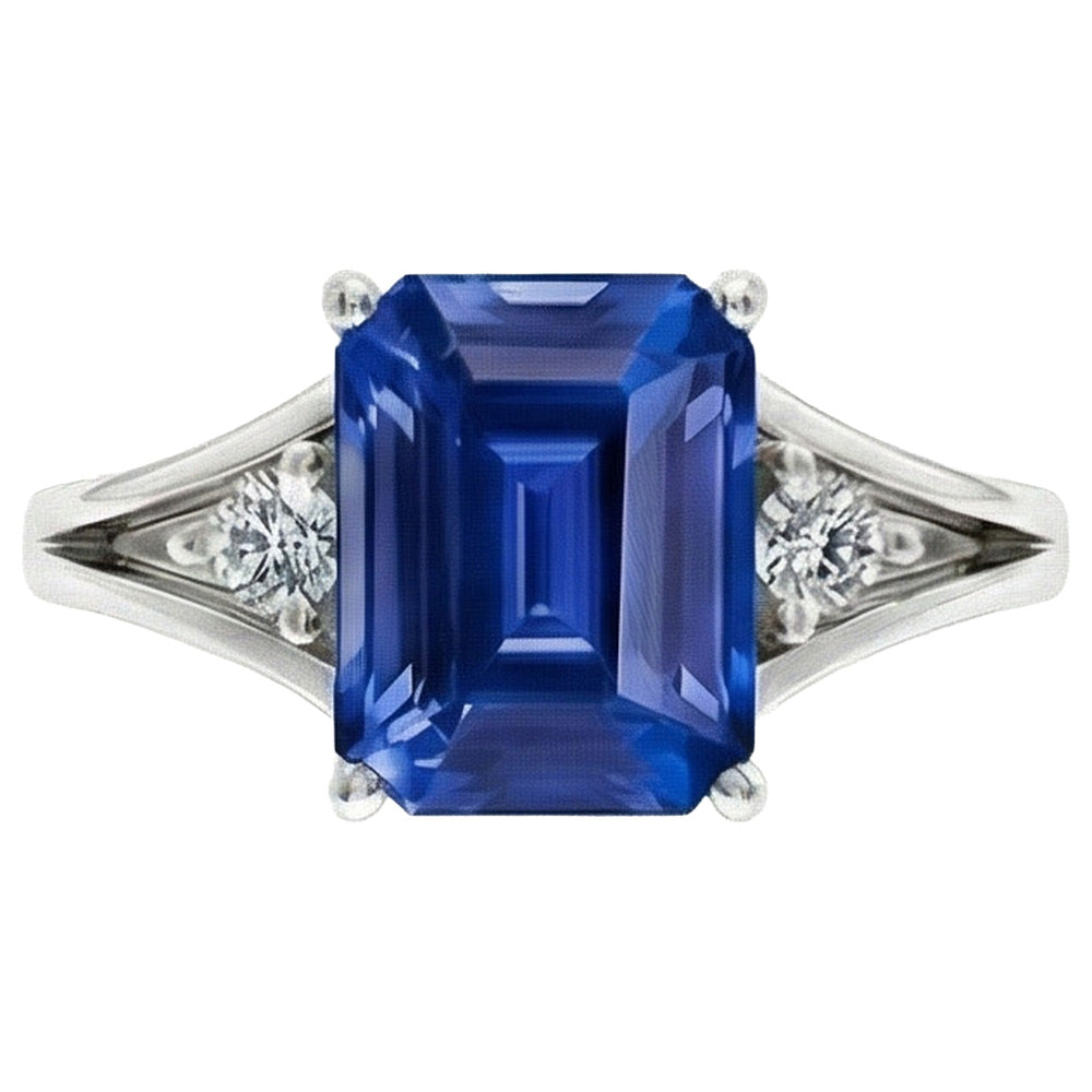 Gold Three Stone Emerald Blue Sapphire Ring 2.50 Carats Split Shank