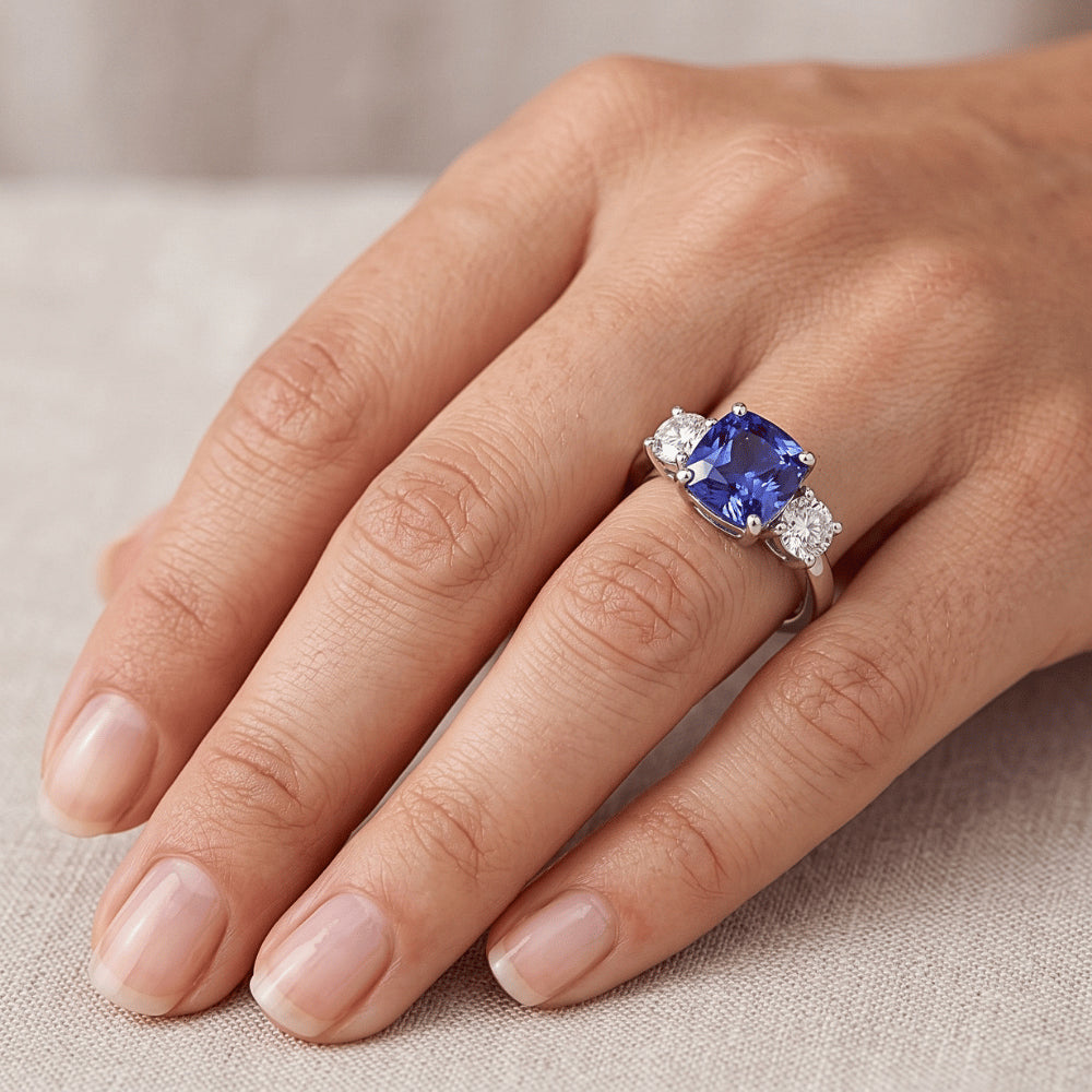 Gold Three Stone Engagement Ring Radiant Sapphire 2 Carat Natural Earth Mined Diamonds