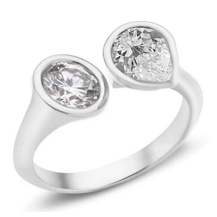 Gold Toi Et Moi Real Natural Earth Mined Diamond Ring Two Stone Oval Pear Cut