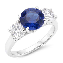Gold Wedding Ring Round Natural Earth Mined Diamond & Ceylon Sapphire 3 Stone 3 Carats