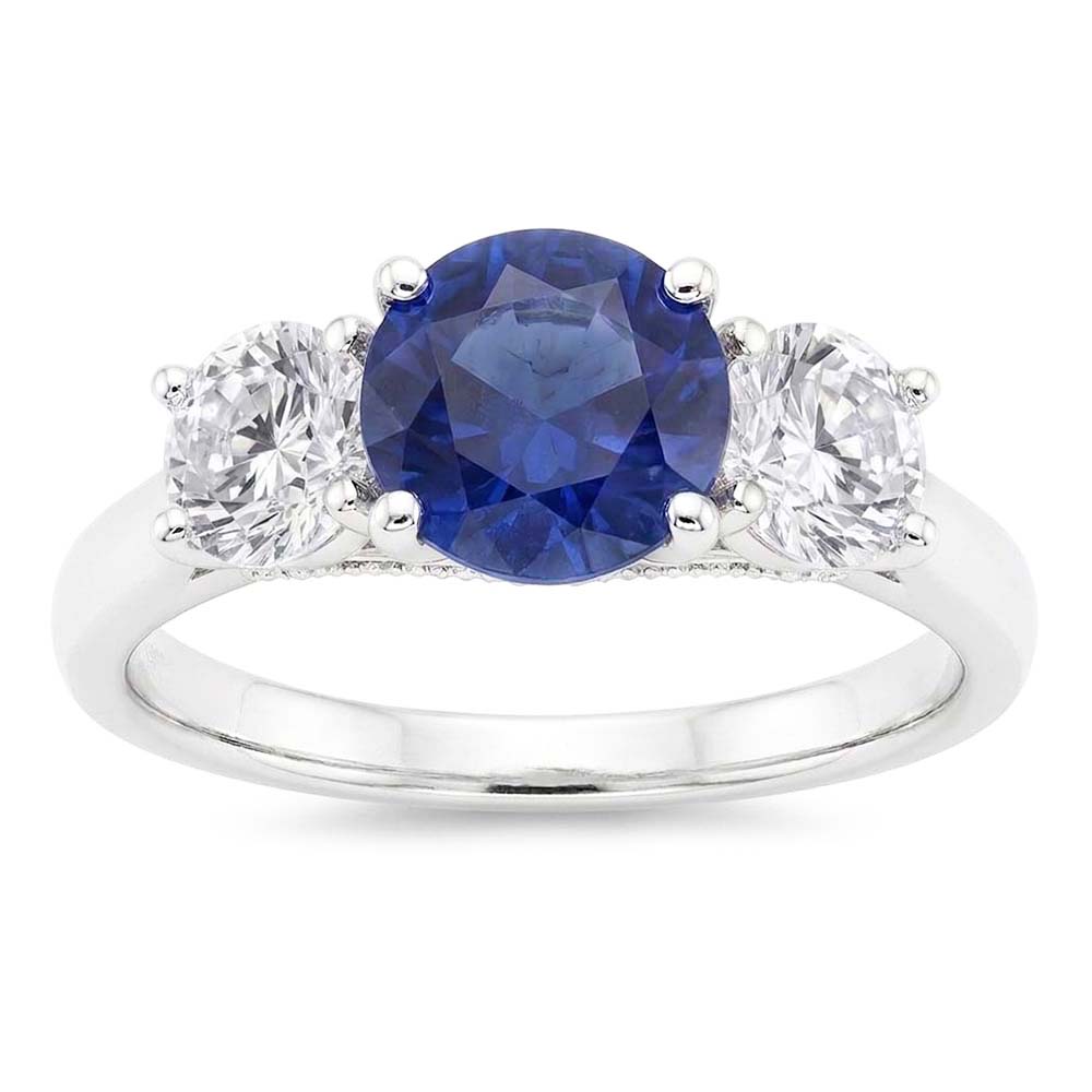 Gold Wedding Ring Round Natural Earth Mined Diamond & Ceylon Sapphire 3 Stone 3 Carats